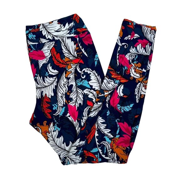 LuLaRoe Leggings Blue Orange Pink White Fluffy Feathers Leaves Tall & Curvy TC - Picture 1 of 6